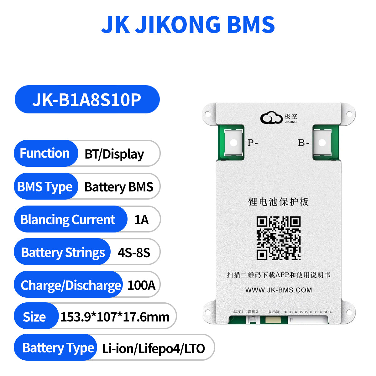 JK JIKONG SMART ACTIVE BMS JK-B1A8S10P 100A Charge Discharge Support Li-ion Lifepo4 LTO Battery 1A Active Current