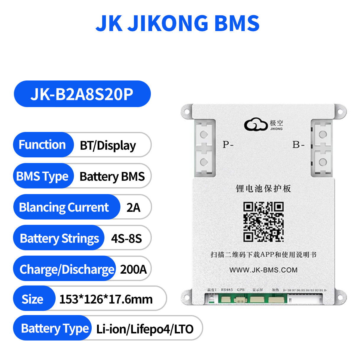 JK JIKONG SMART ACTIVE BMS JK-B2A8S20P 200A Charge Discharge Support Li-ion Lifepo4 LTO Battery 2A Active Current